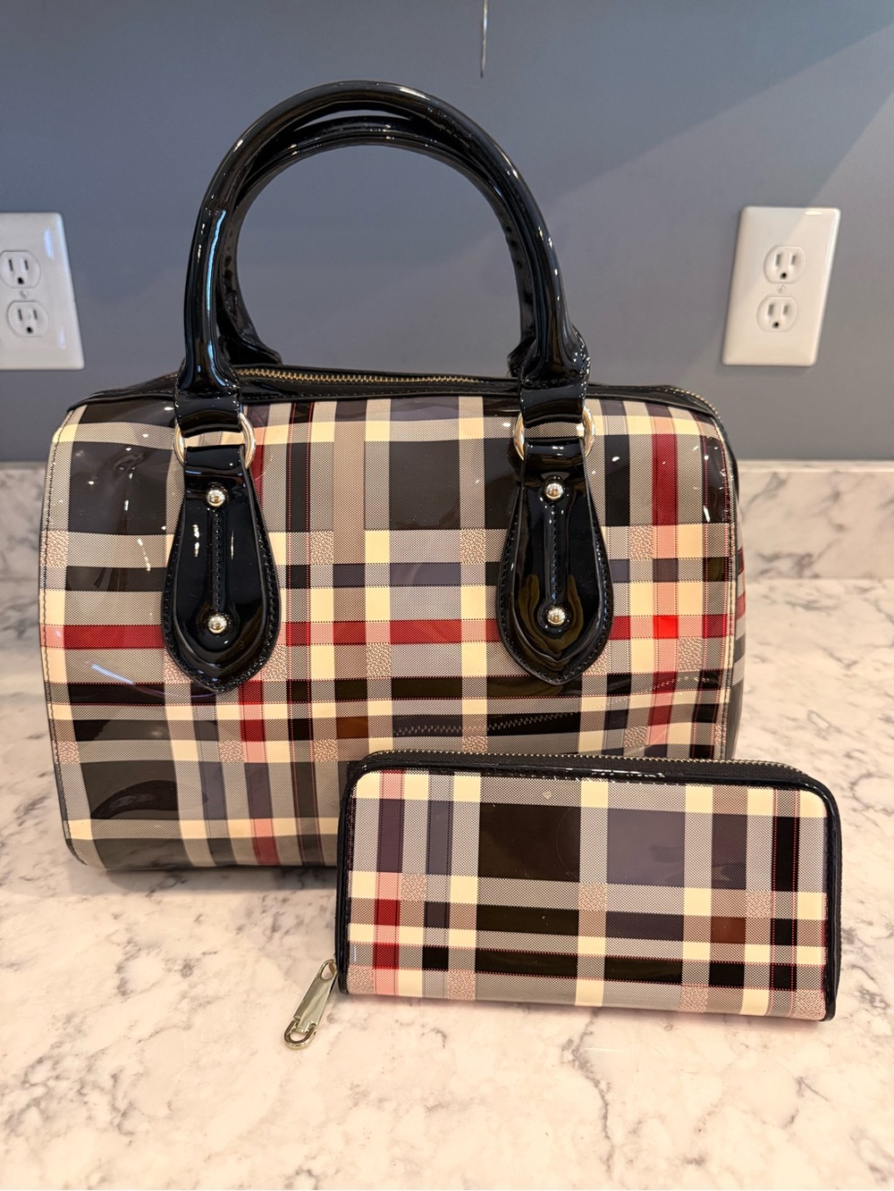 Burberry Inspired Plaid Satchel Handbag with Matching Wallet